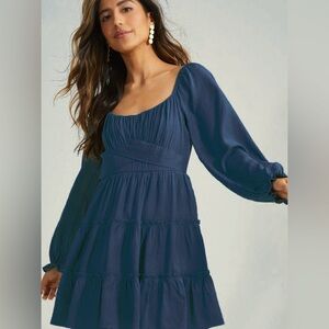 Altar'd State Greta Crossover Dress Navy Blue Mini Tiered Long Sleeve